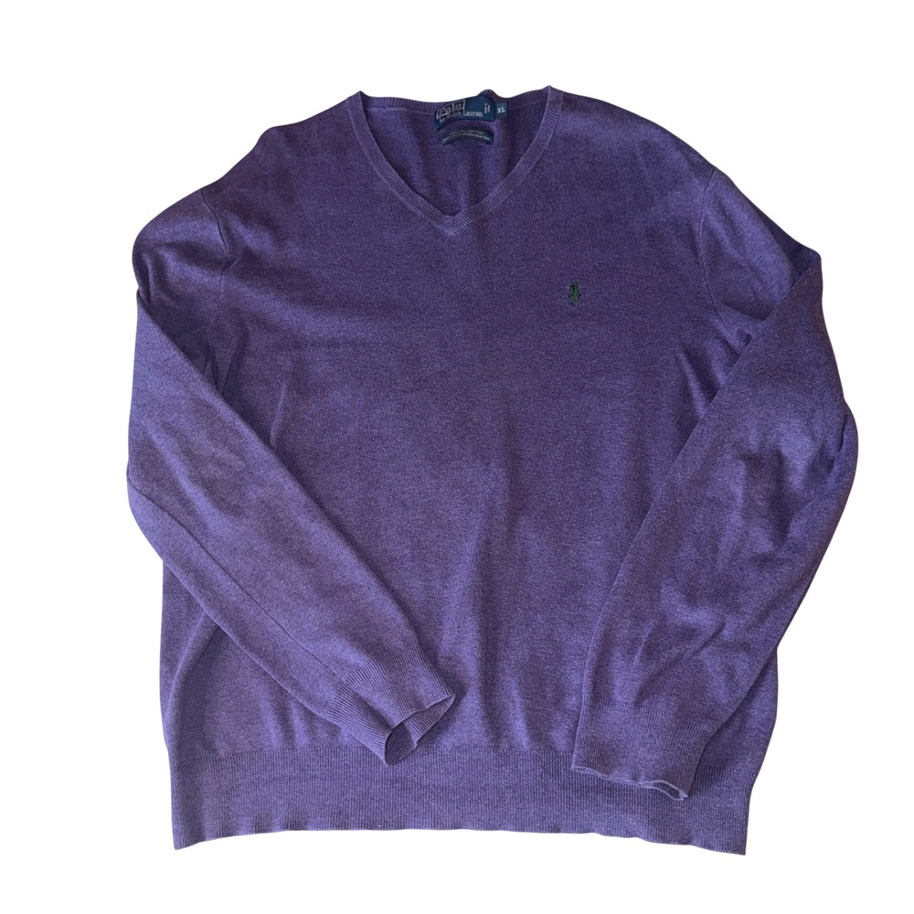 Polo Ralph Lauren Sweater XL Purple Pima Cotton V-Neck Pony‎ Logo Knit Mens